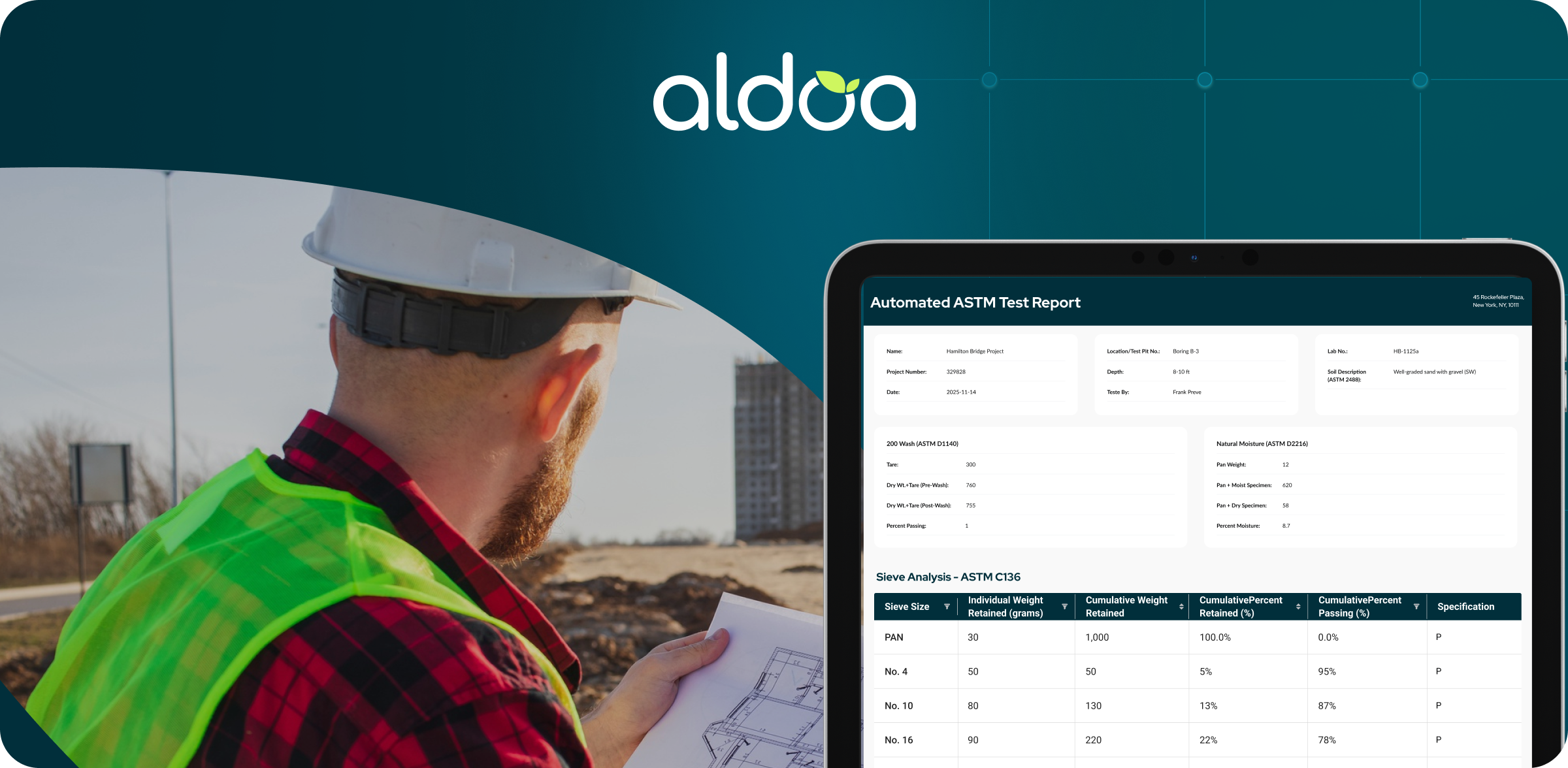 Aldoa construction materials testing software connecting field inspections with automated ASTM-compliant lab reporting