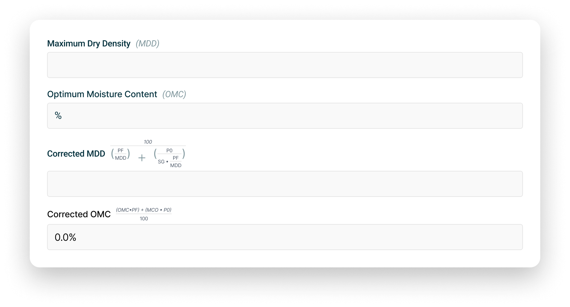 Automated soil density and compaction calculations showing maximum dry density (MDD), optimum moisture content (OMC), and Proctor comparison in geotechnical testing software.