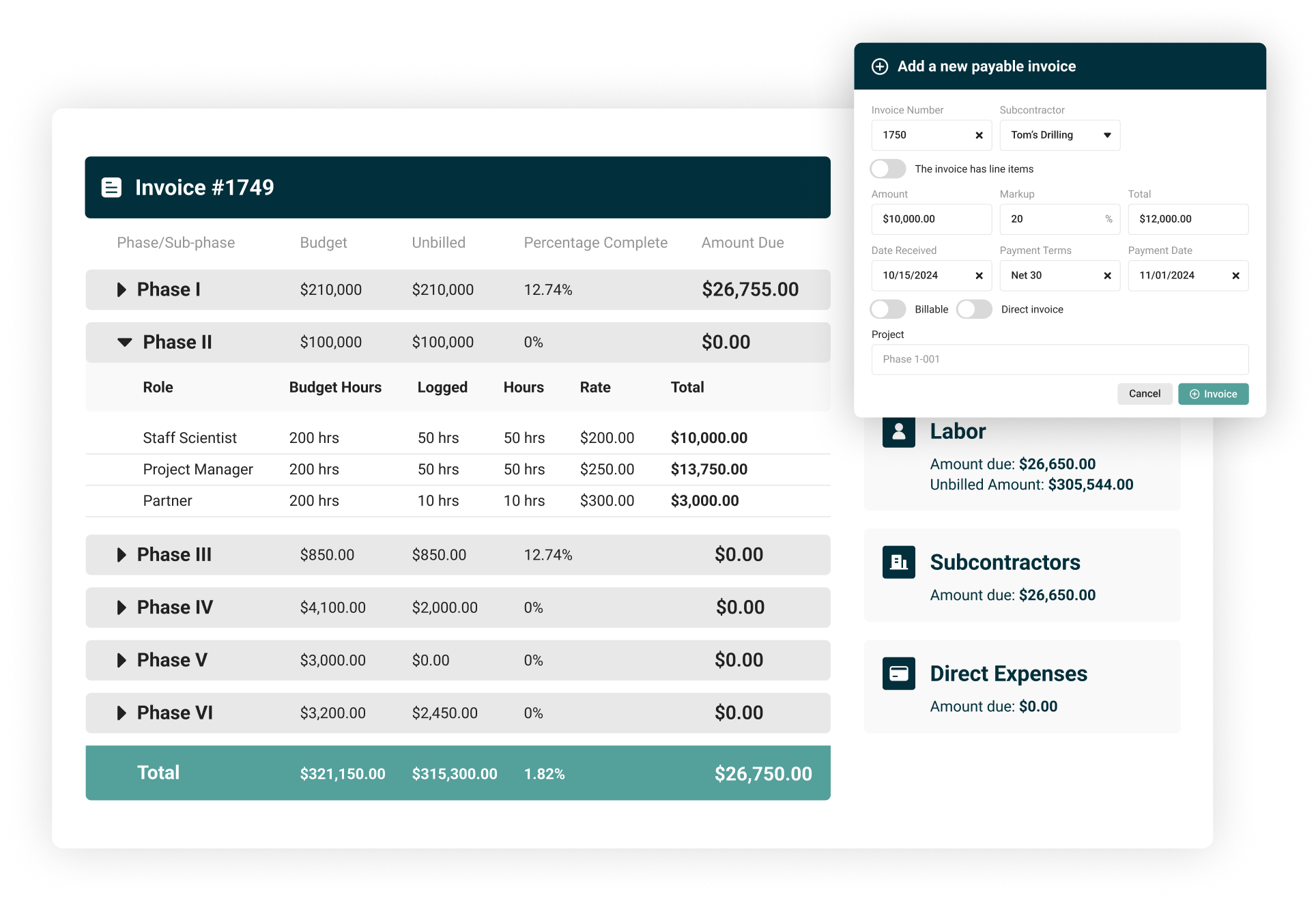 Engineering project labor cost breakdown showing hours, rates, and billable utilization by role