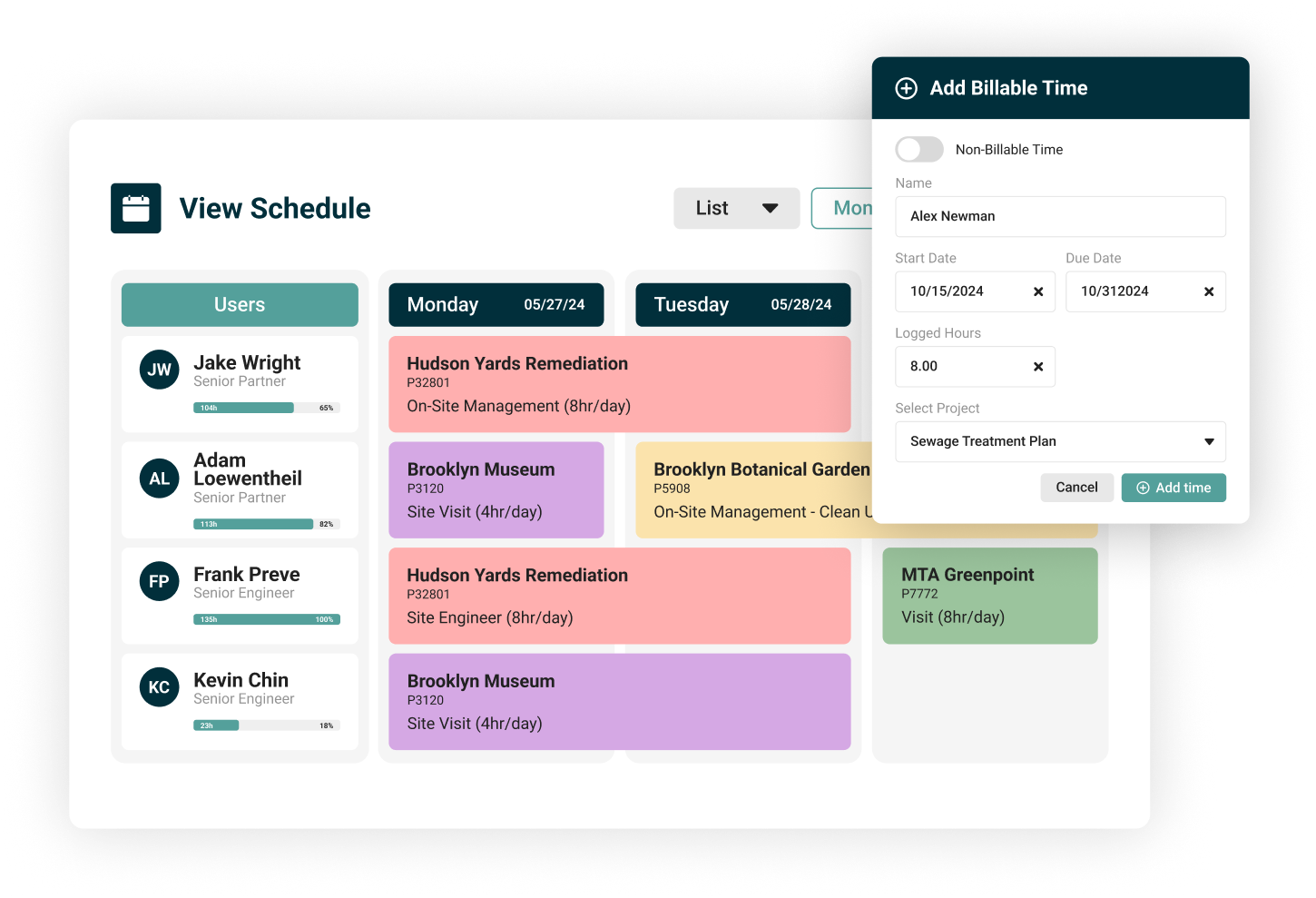 Engineering time tracking software showing billable time entry by task and project schedule