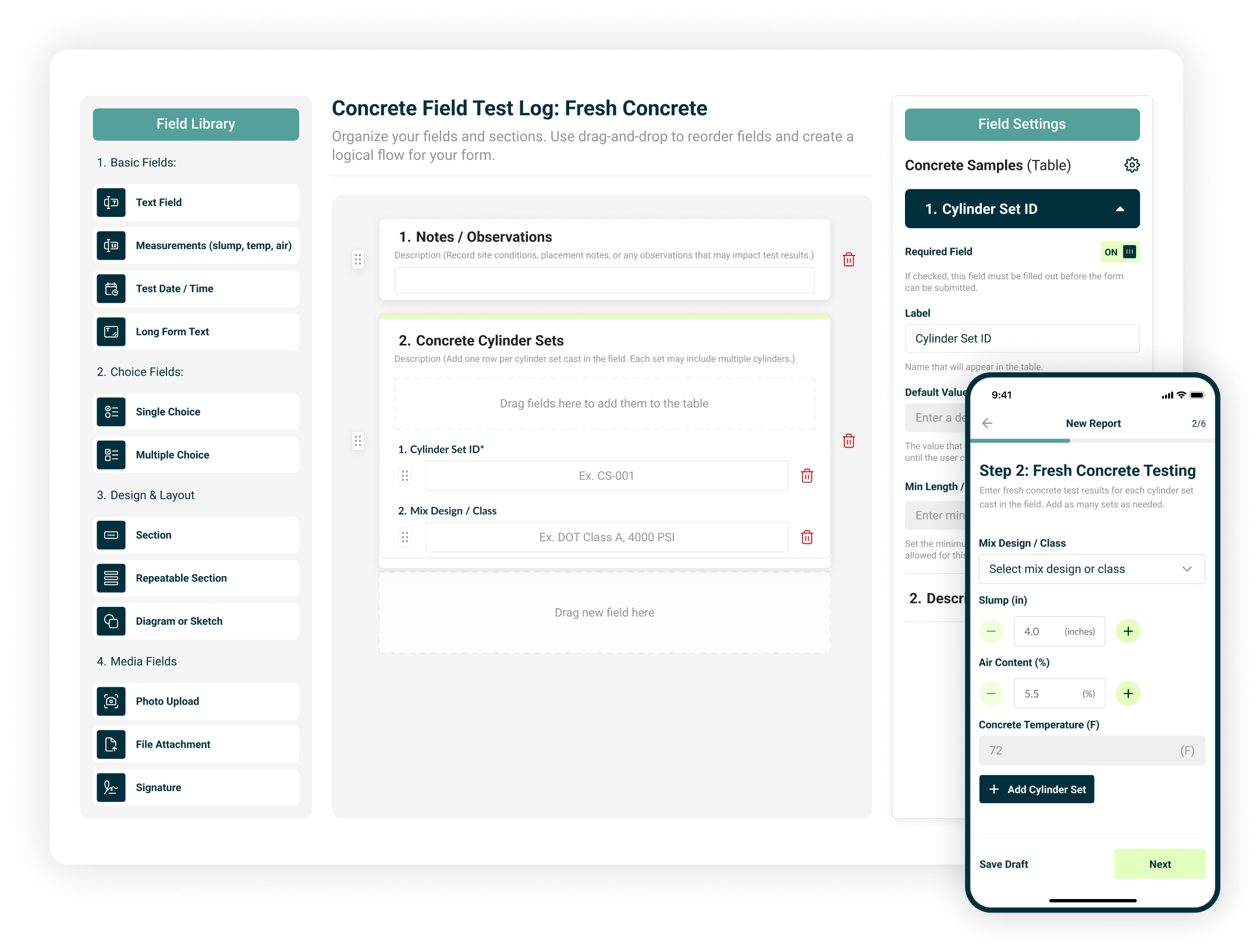 Configurable CMT field form builder with required fields, embedded equations, dropdowns, and structured sample sets to prevent missing data and rework.