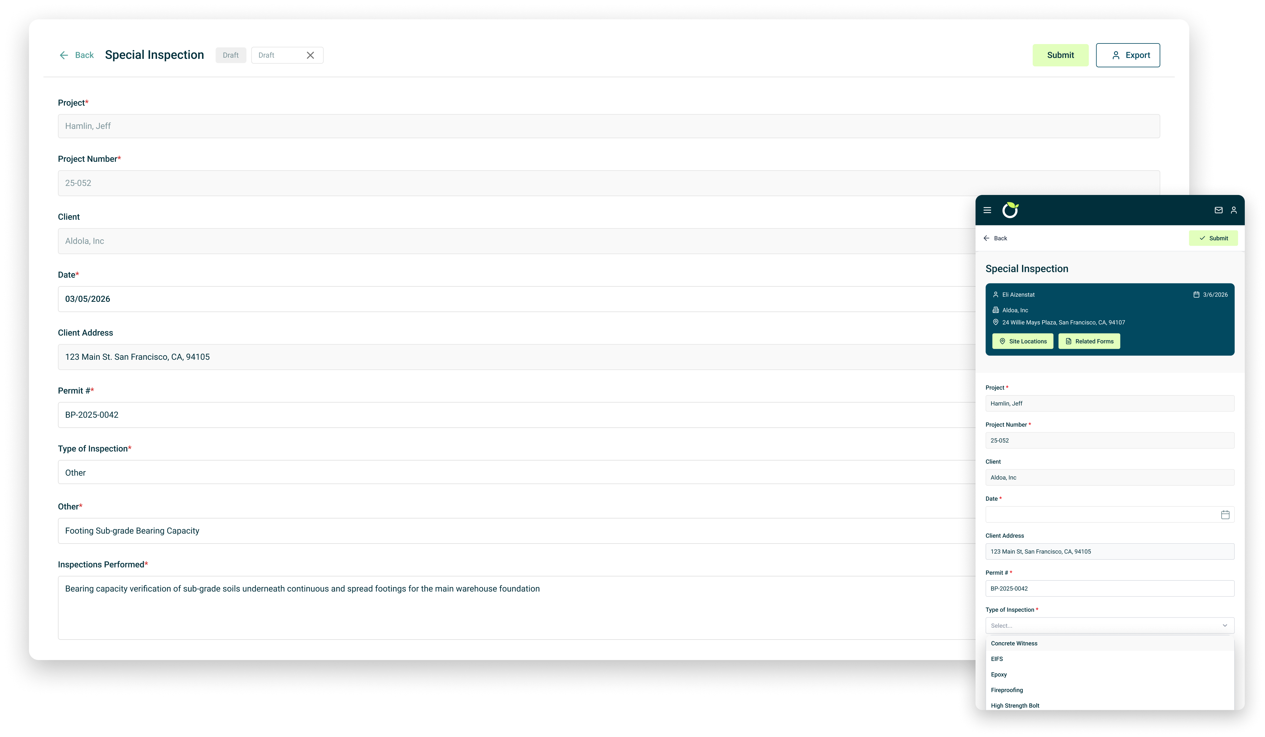 Mobile special inspection form used by field inspectors to collect construction inspection data including project details, inspection type, and site observations.