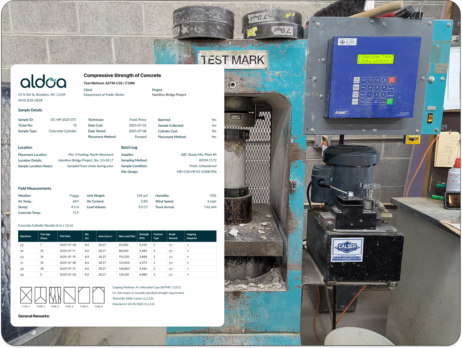 Concrete compressive strength testing machine with ASTM C39 test report generated by Aldoa concrete quality control software for QA/QC compliance