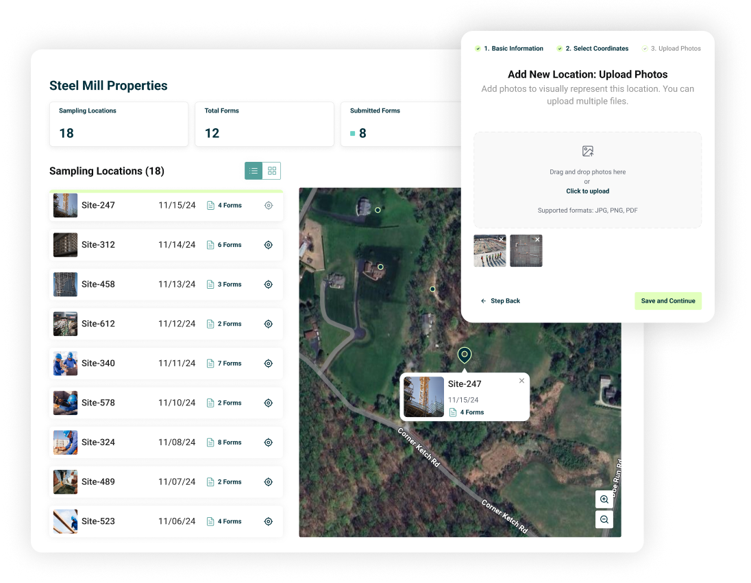 CMT software with geolocation tagging, site maps, layered plans, and photo upload built directly into field reporting workflow.