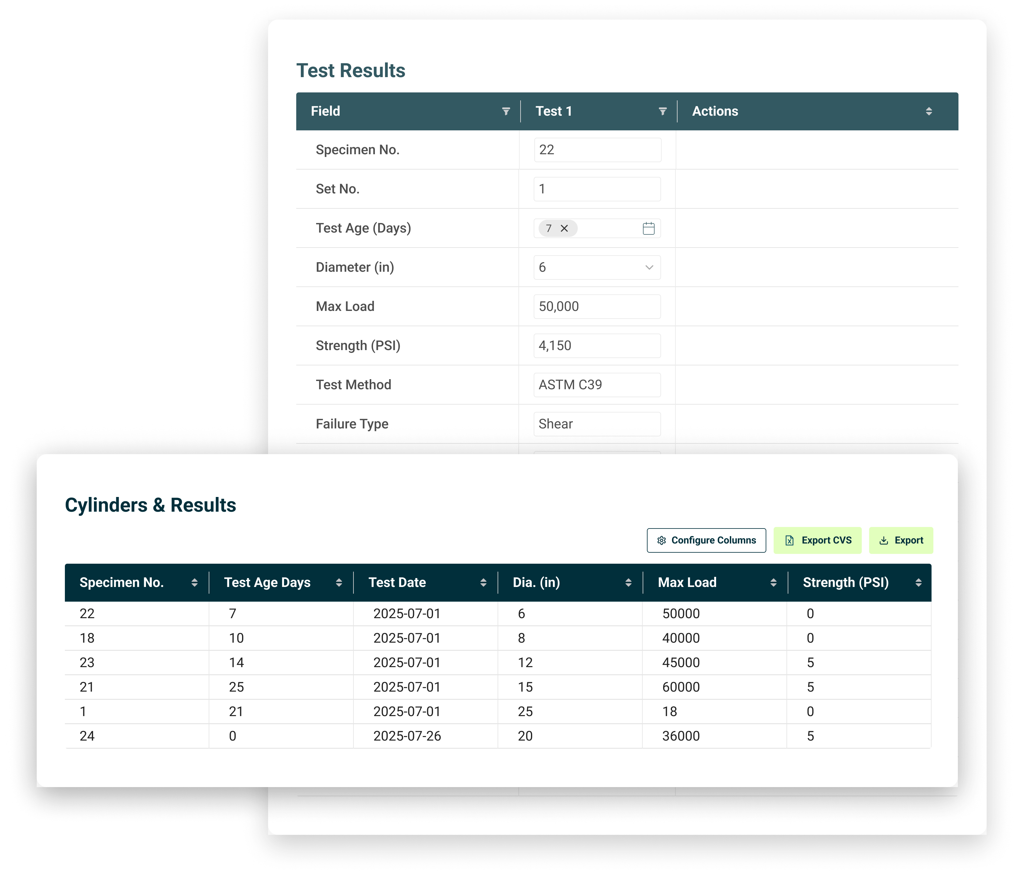 Concrete cylinder tracking and break scheduling software for CMT labs