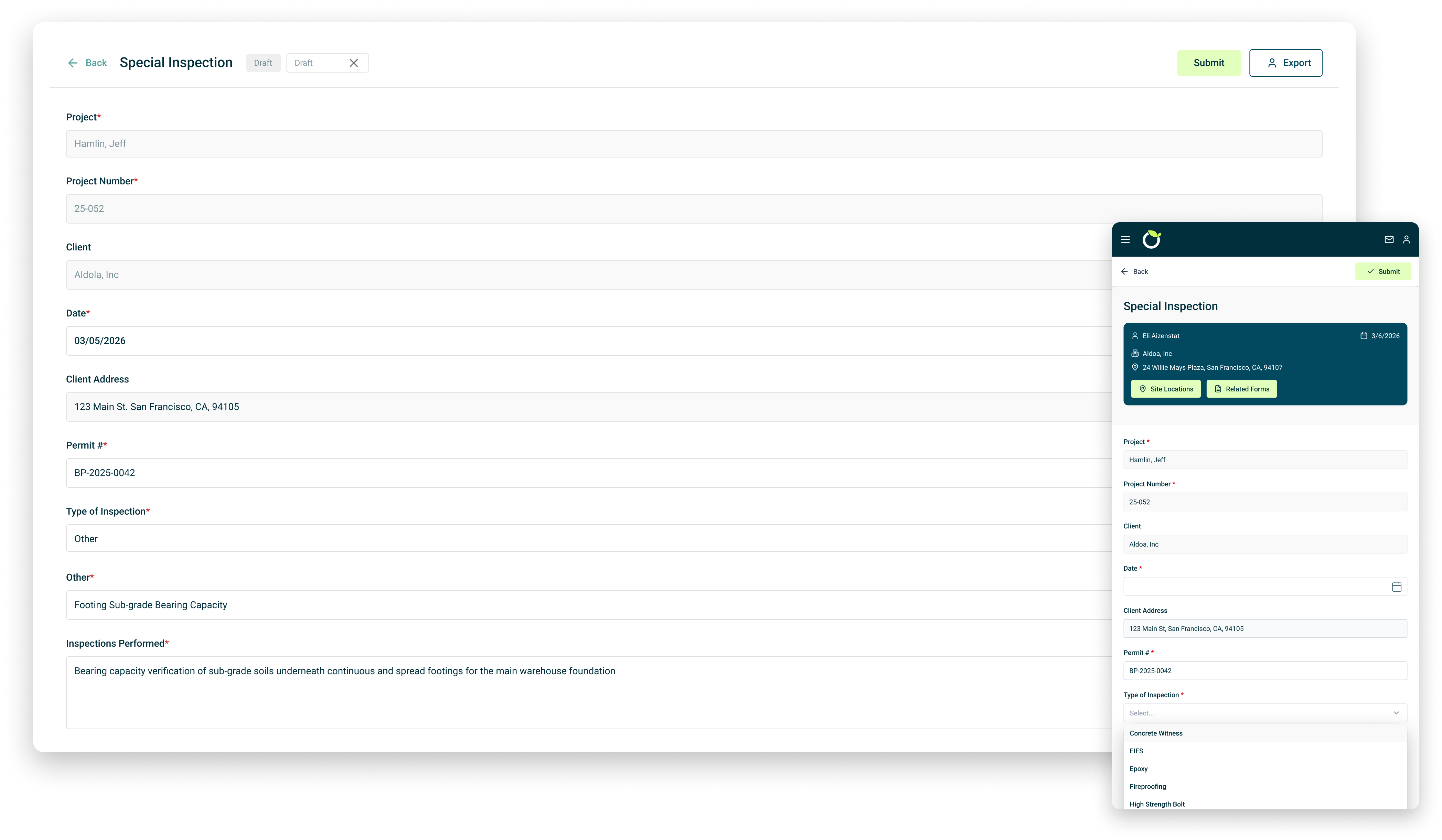 Mobile field data collection software for special inspections with digital forms, photo capture, and real-time inspection reporting