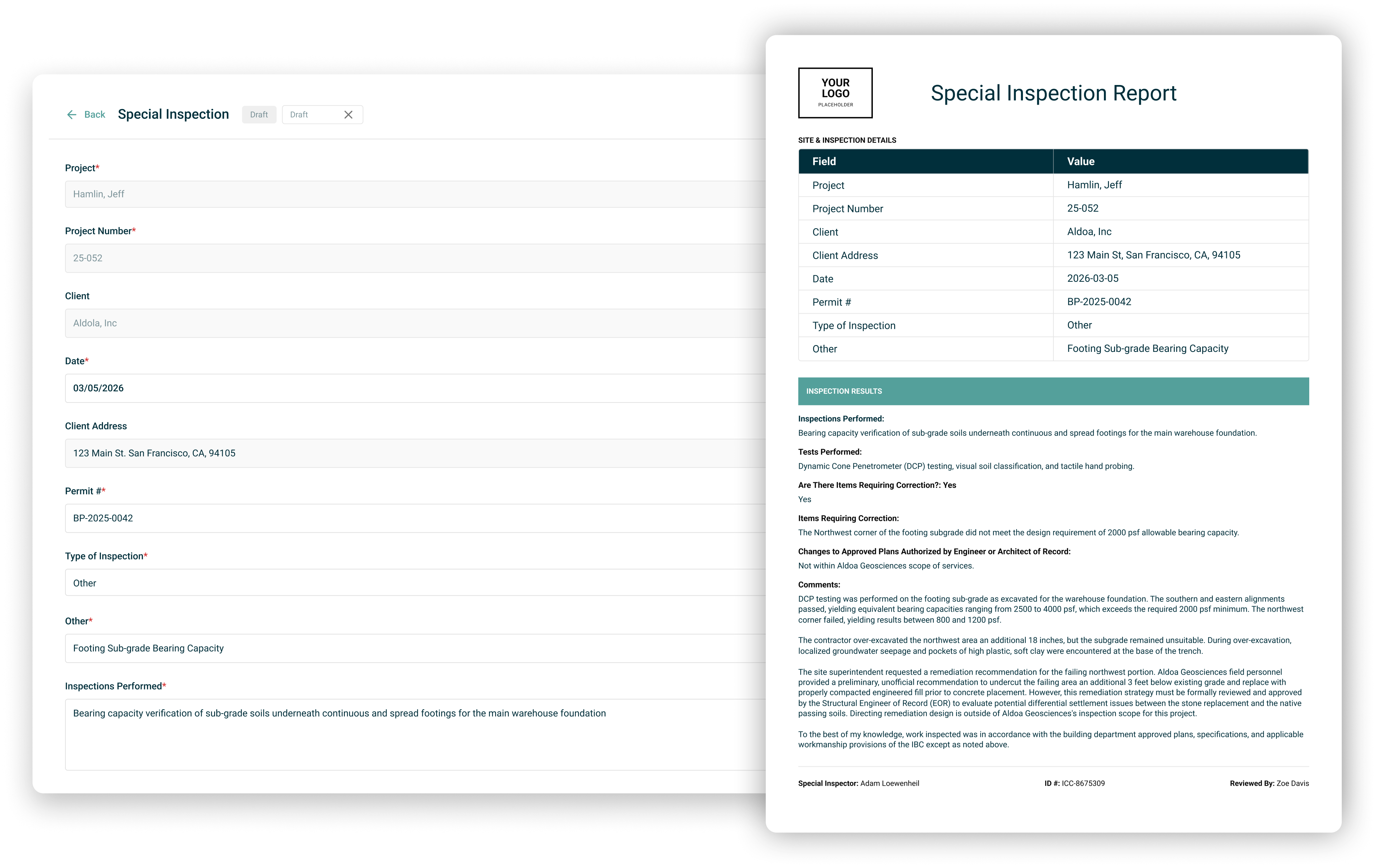 Special inspections software dashboard showing inspection tracking, work orders, and deficiency management for CMT and engineering firms