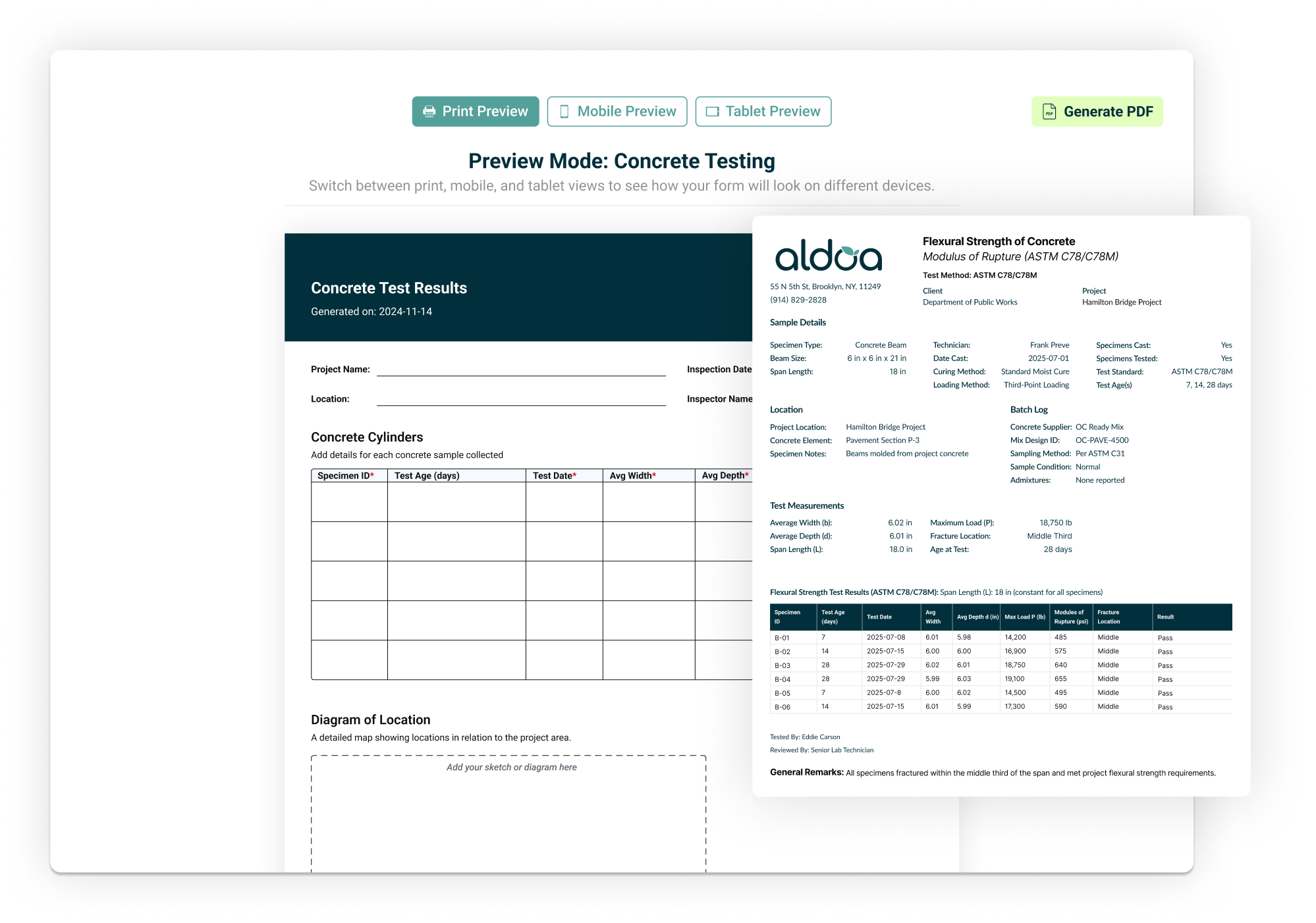Automated concrete testing report with ASTM-compliant results generated from field and lab data in Aldoa CMT software